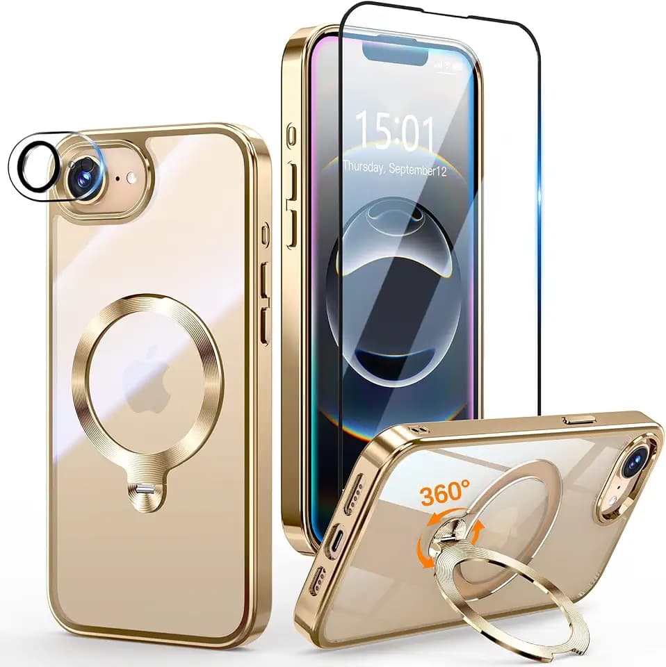 [Tri-Shield Protection] for iPhone 17e/16e Case with 360° Spin Stand Compatible with MagSafe [Magnetic CD Ring] [Screen & Camera Lens Protector] Shockproof Plating Never-Yellowing, Gold-6.1"