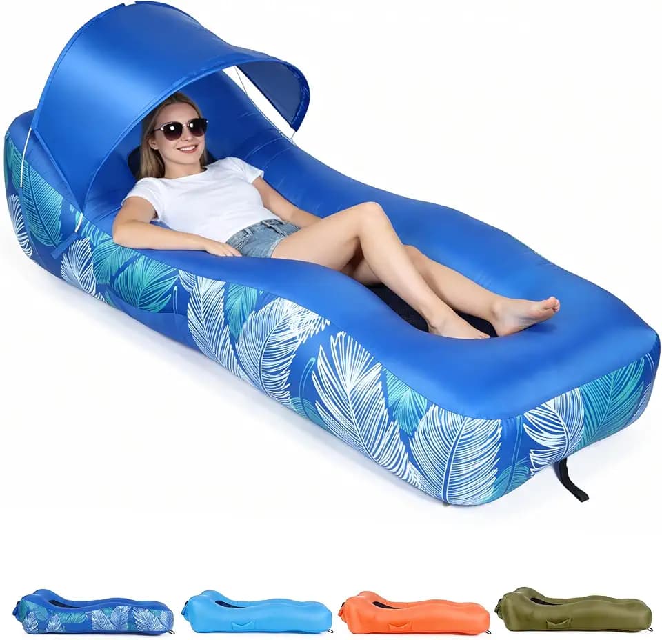 Inflatable Lounger Air Sofa with Unique Sun-Shade, Waterproof Inflatable Beach Bed with Electric Pump, Lightweight Air Hammock Chair for Hiking Backyard Travel Beach Park Picnics(Blue)