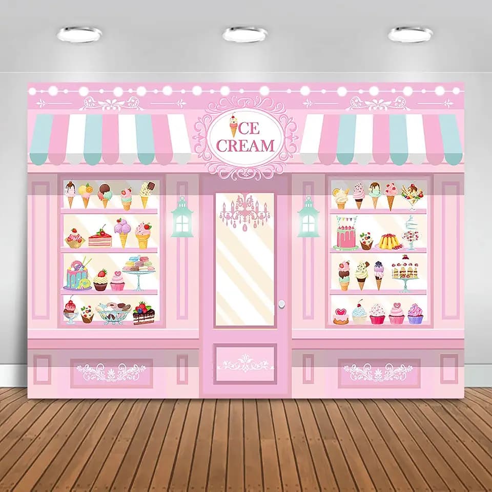 Ice Cream Shoppe Backdrop 7x5ft Sweet Dessert Shop Girl Birthday Background Party Decorations Ice Cream Palor Cake Table Banner Photo Booth Props