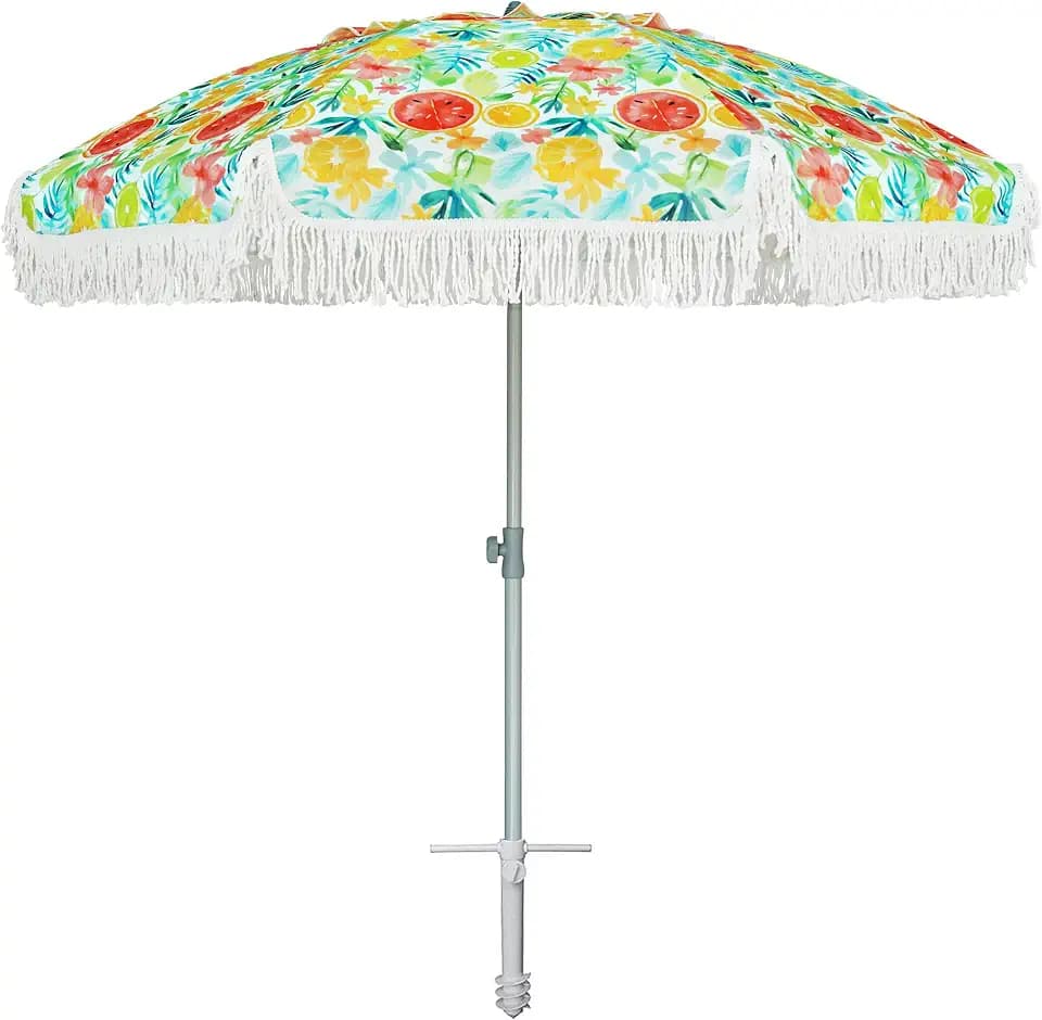 AMMSUN 6.5ft Heavy Duty Fringe Beach Umbrella with Sand Anchor Tilt UPF50+