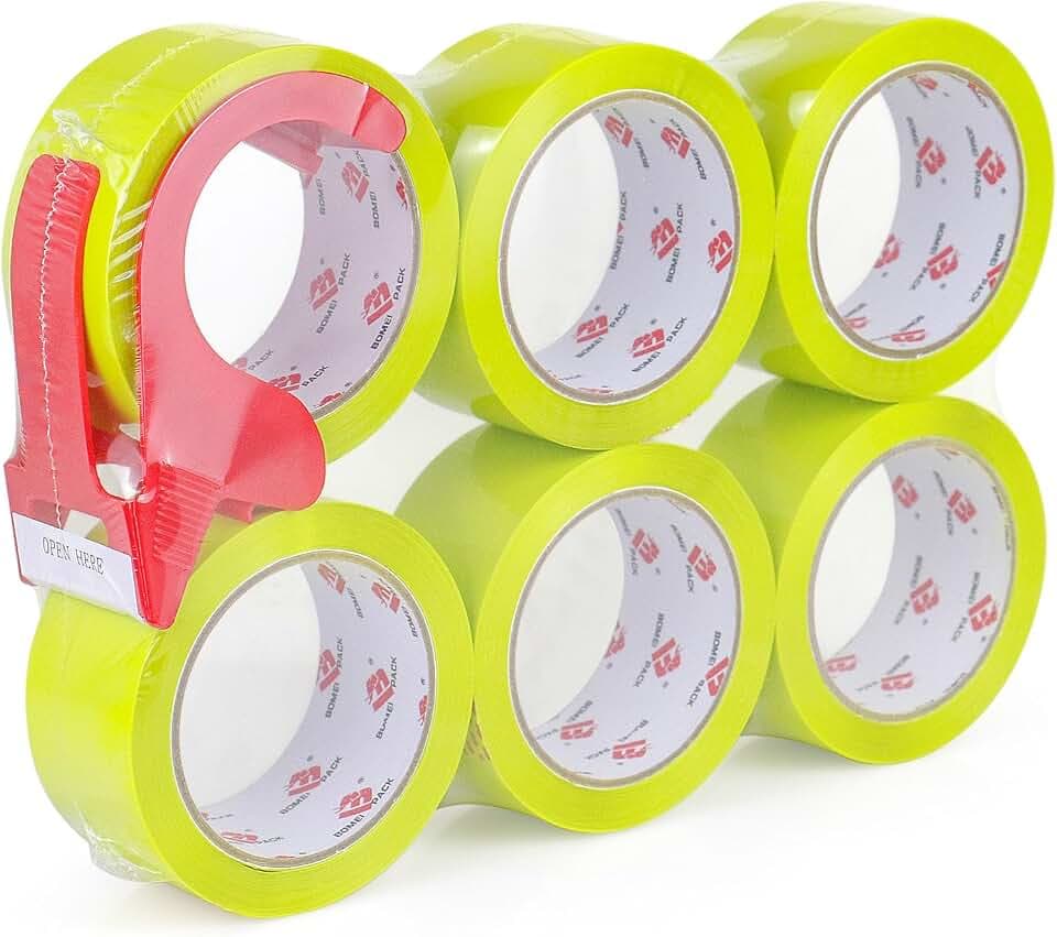 BOMEI PACK Heavy Duty Colored Packing Tape with Dispenser 1.88 Inch x 60 Yards (Yellow) 6 Rolls, 2.4 mil Industrial Grade Packaging Tape for Shipping, Moving, Mailing & Storage
