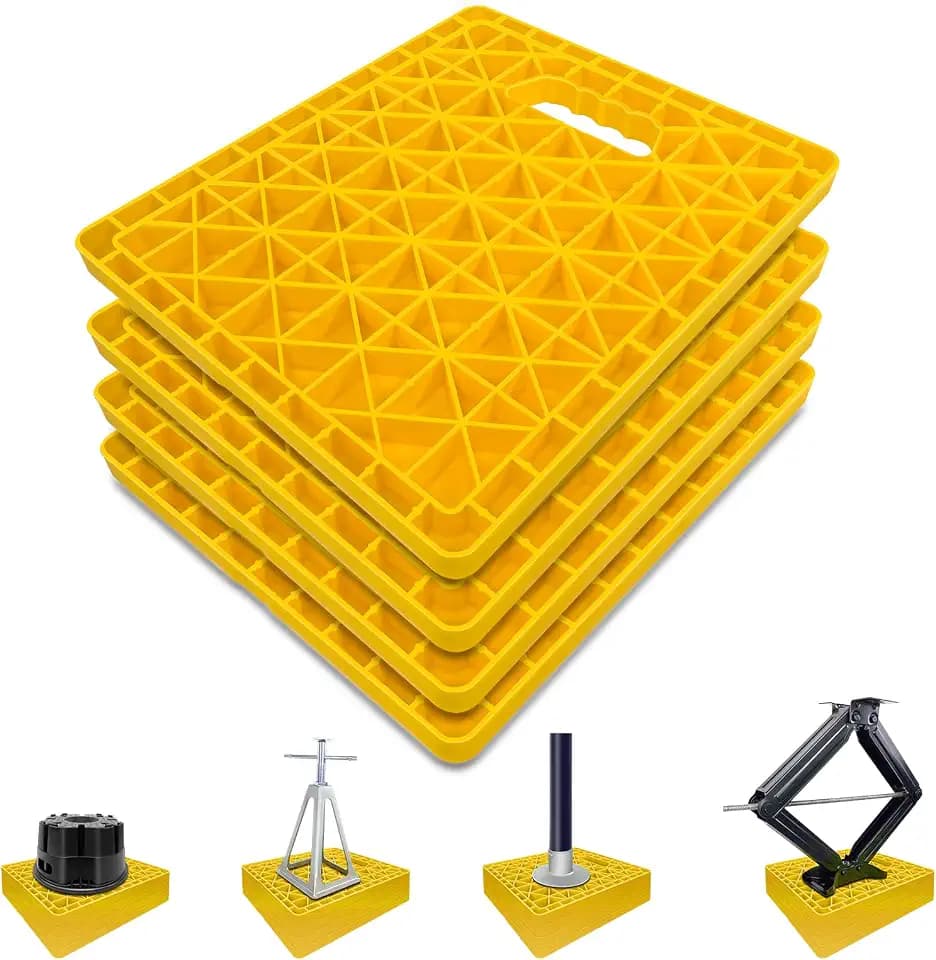 ROBLOCK Large RV Jack Stabilizer Pads,Sinking Resistant Stackable Camper Stabilizer Pads with Easy-Grip Handle and Handy Strap, Easy Storage & Organization, Yellow 4 Pack 14" x 12"