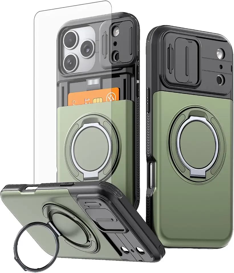 Asuwish Phone Case for iPhone 17 Pro 6.3 inch with Screen Protector Slide Camera Cover and Card Ring Holder Stand Military-Grade Drop Protection Cell Accessories i Phone17 i17 17Pro Women Men Green