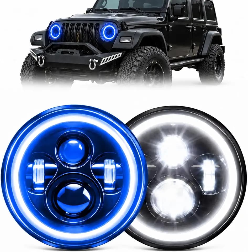 Pair of 7-Inch Round LED Headlights with Blue Halo and Turn Signal, H6024