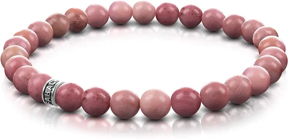 FABACH Rhodochrosit Perlenarmband mit 6mm Edelstein-Perlen und 925 Sterling Silber Logo-Perle - Edles Naturstein Stretch-Armband für Damen (Rosa-Rot)