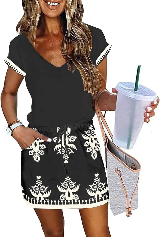 Womens Summer Dress Lantern Sleeve V Neck Tie Front Drawstring Mini Dress