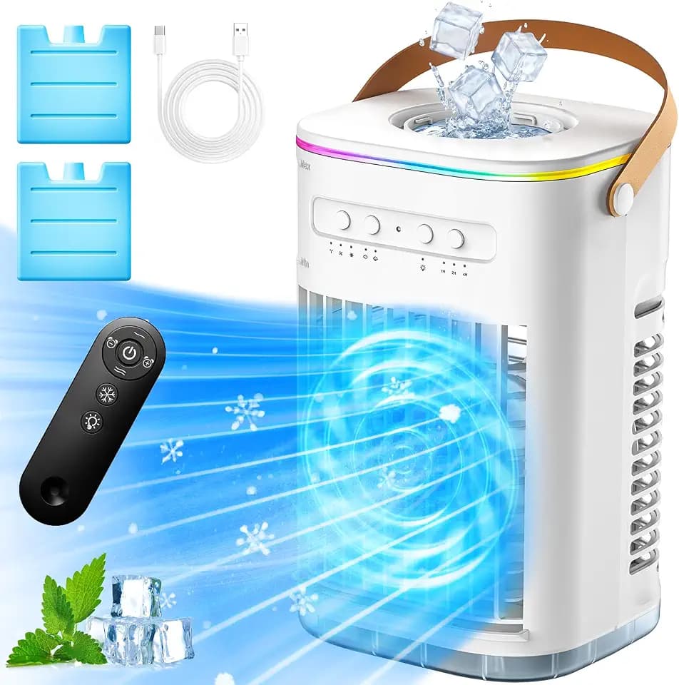 Personal Air Cooler with 2 Ice Packs, 1200ML Tank, 3 Speeds & 2 Mist Modes, 7-Color Light, Remote, Portable AC for Room 100 Sq.Ft