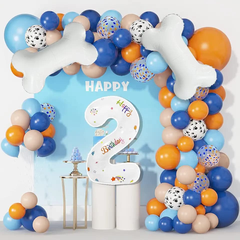 118pcs Blue & Orange 2nd Birthday Balloon Garland Kit, Dog Paw Balloons Birthday Party Supplies, DIY Blue Theme Party Decorations