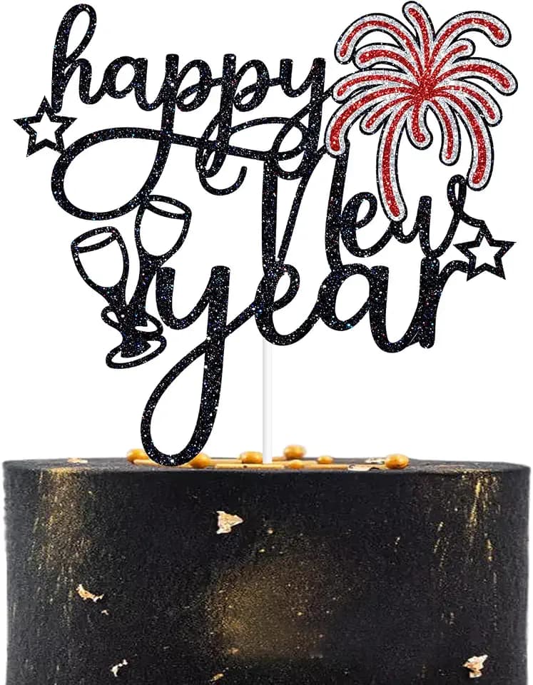 Happy New Year Cake Topper, Cheers to 2026, Goodbye 2025 Hello 2026, Cheers to the New Year Holiday Party Decorations Black Glitter
