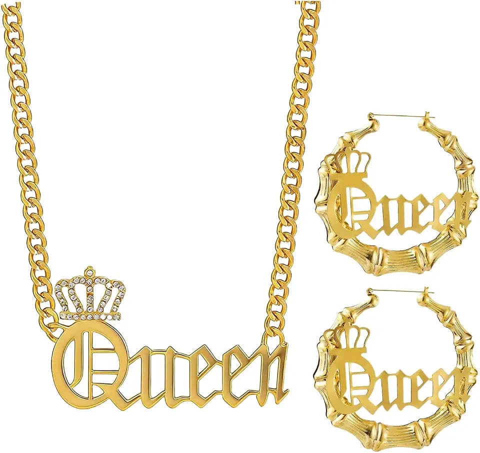 Bamboo Hip Hop Queen Earrings Necklace Set for Women