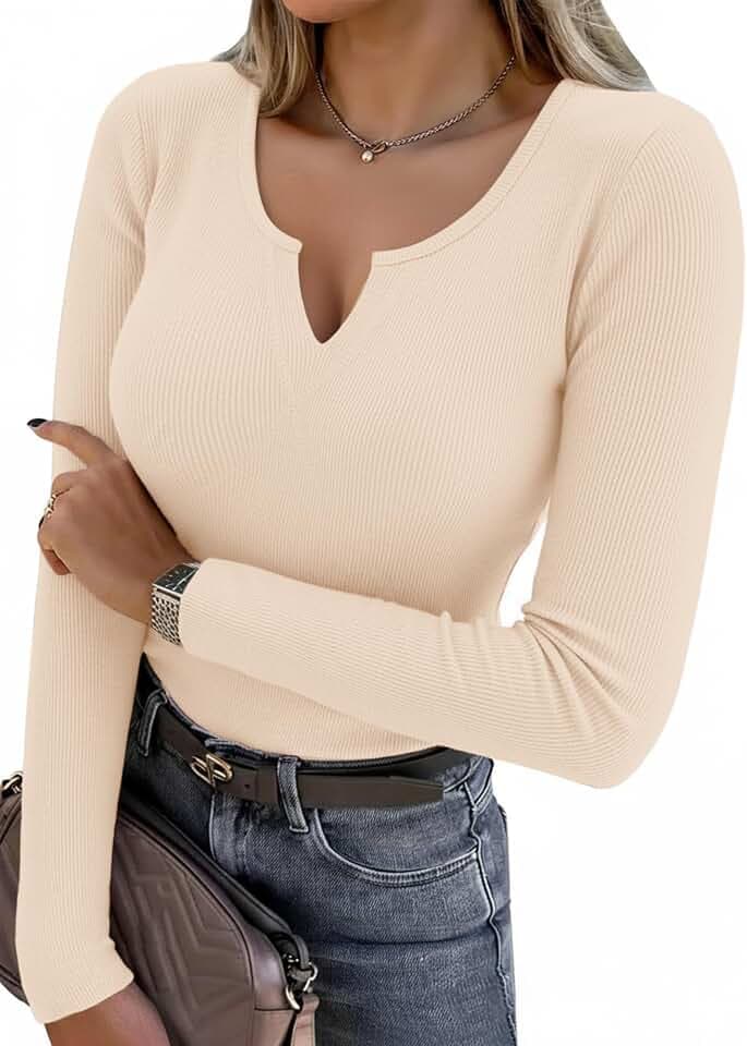 Aottori Langarmshirt Damen V-Ausschnitt Gerippt Oberteile Stretch Slim Fit