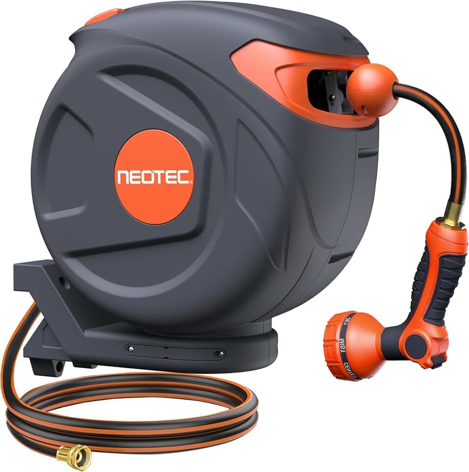 82ft Automatic Rewind Garden Hose Reel 1/2", Wall Mounted Retractable Water Hose with Any-Length Lock, Kink-Free Hybrid Hose for Backyard & Plant Care