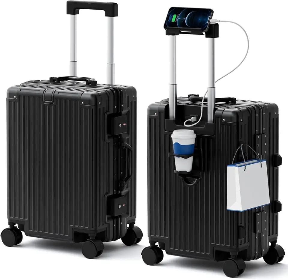 Carry On Luggage, Zipperless Aluminum Frame Suitcase, Black, 20 in