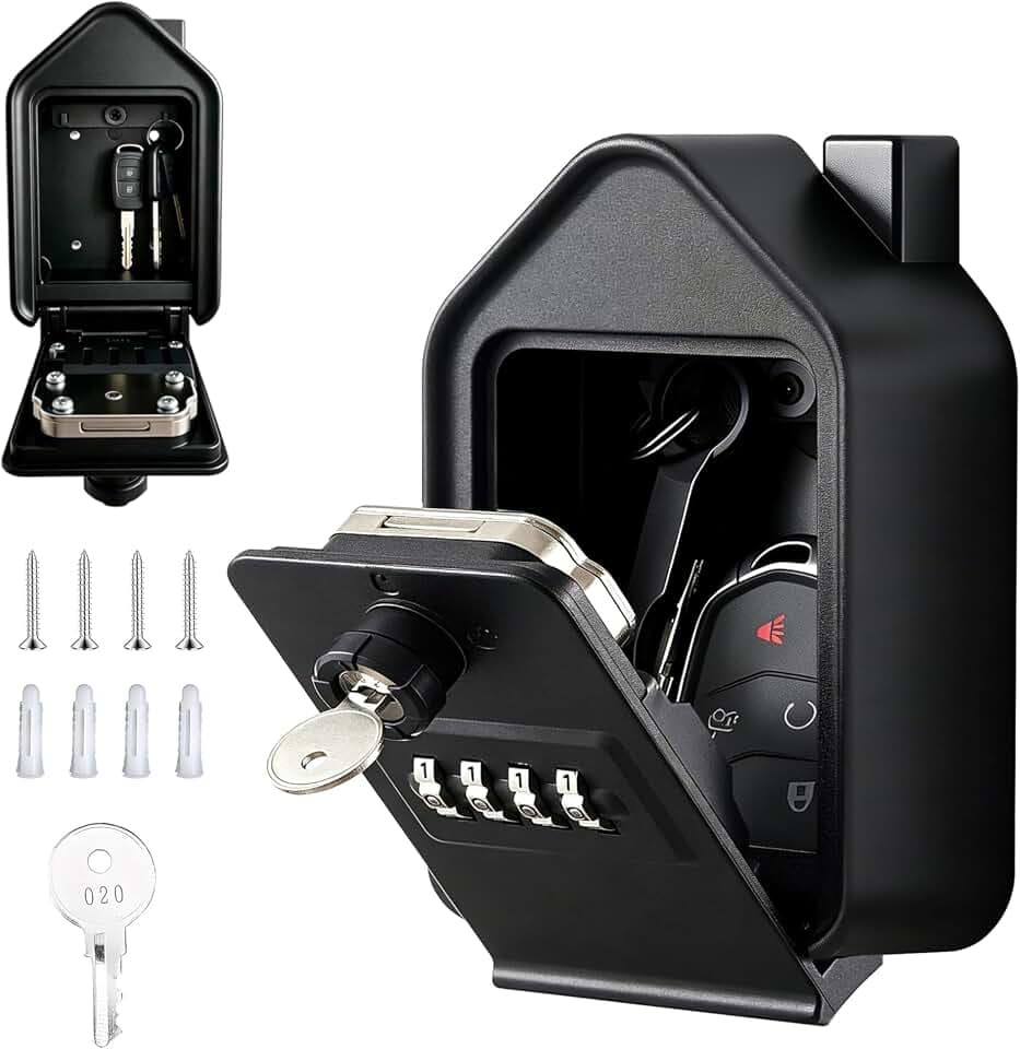 Key Security Box Wall Mount, 4-Digit Combination Lock Box with Emergency Key, Password Retrieval Design,Key Storage Lockbox for Home Airbnb Rental Gym Indoor Outdoor Storage (Inside 3.15″×1.61″×3.94″)