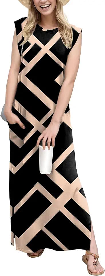 GRECERELLE Damen Sommer Maxikleid lässig Hemdkleider Elegante Stile ärmellos Maxikleider für Damen mit Schlitz und Taschen