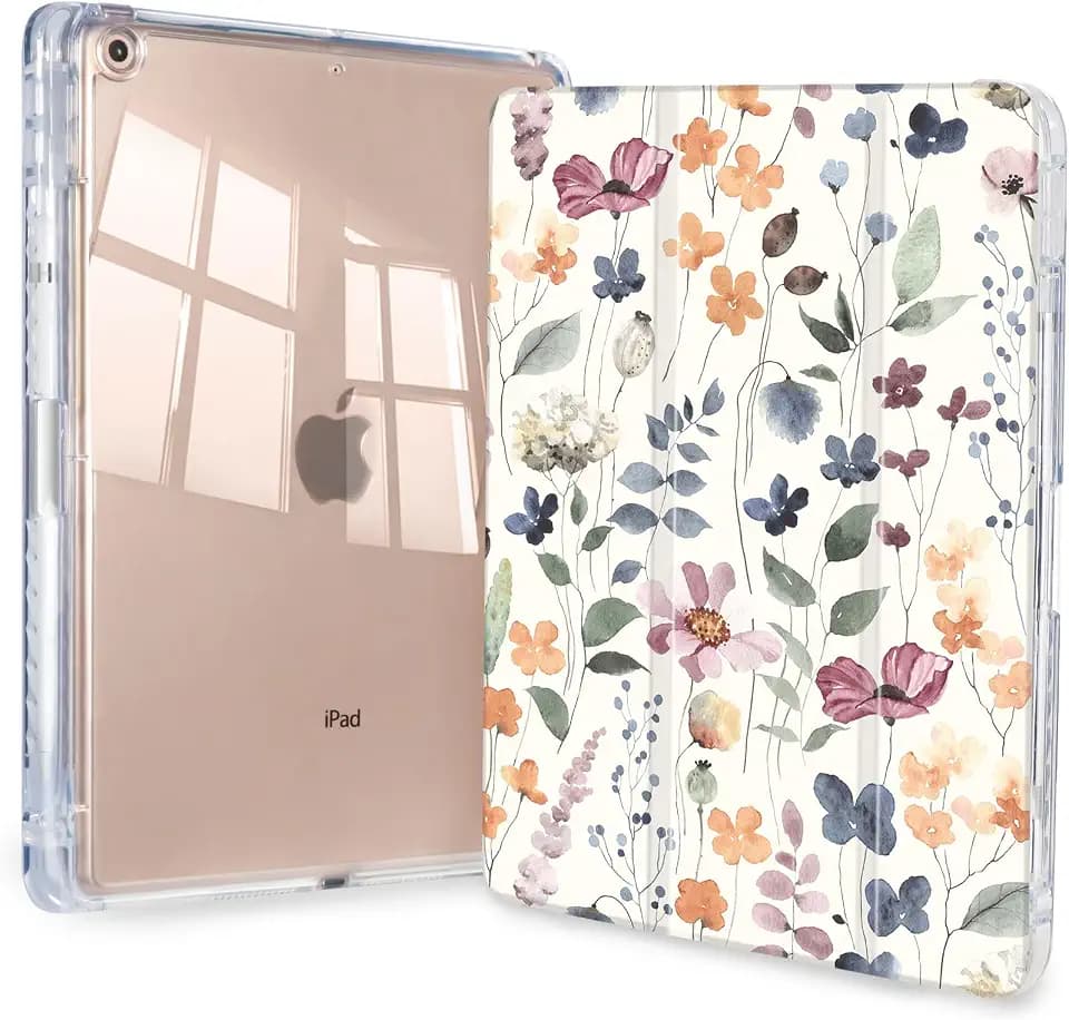 Case for iPad 9th / 8th / 7th Generation (2021/2020/2019) 10.2 inch, Slim Trifold iPad 9th Generation Case Clear Back Transparent Cover with Pencil Holder & Auto Sleep/Wake Cover