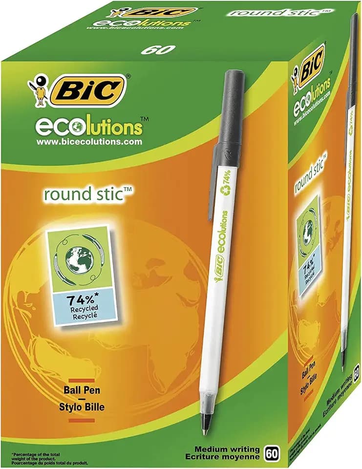 BIC Kugelschreiber ECOlutions Round Stic, in Schwarz, Strichstärke 0,4 mm, 60er Pack, Ideal für das Büro, das Home Office oder die Schule