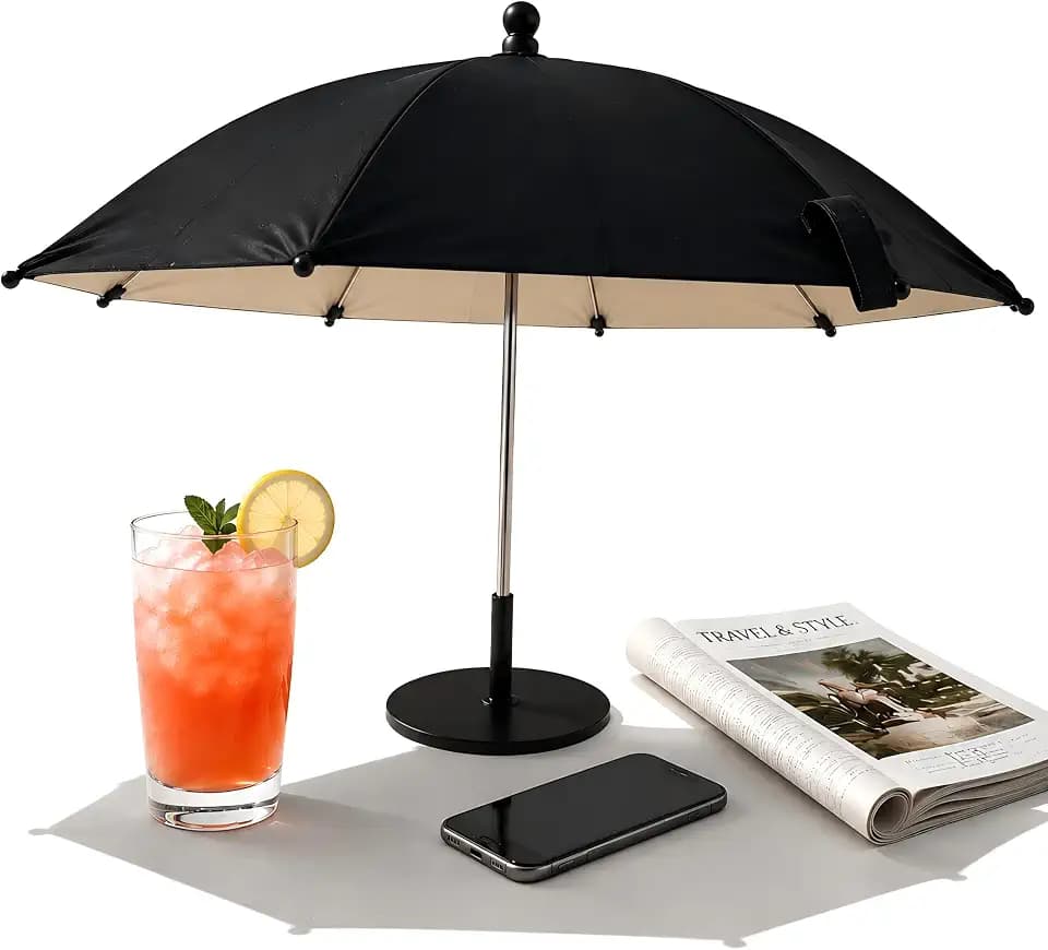 Mini Sun Shade Umbrella with Windproof Base – Protects Drinks, Phones, and Devices from Sun, Wind, Debris and Light Rain – for Pool,Tabletop, Camping, Patio