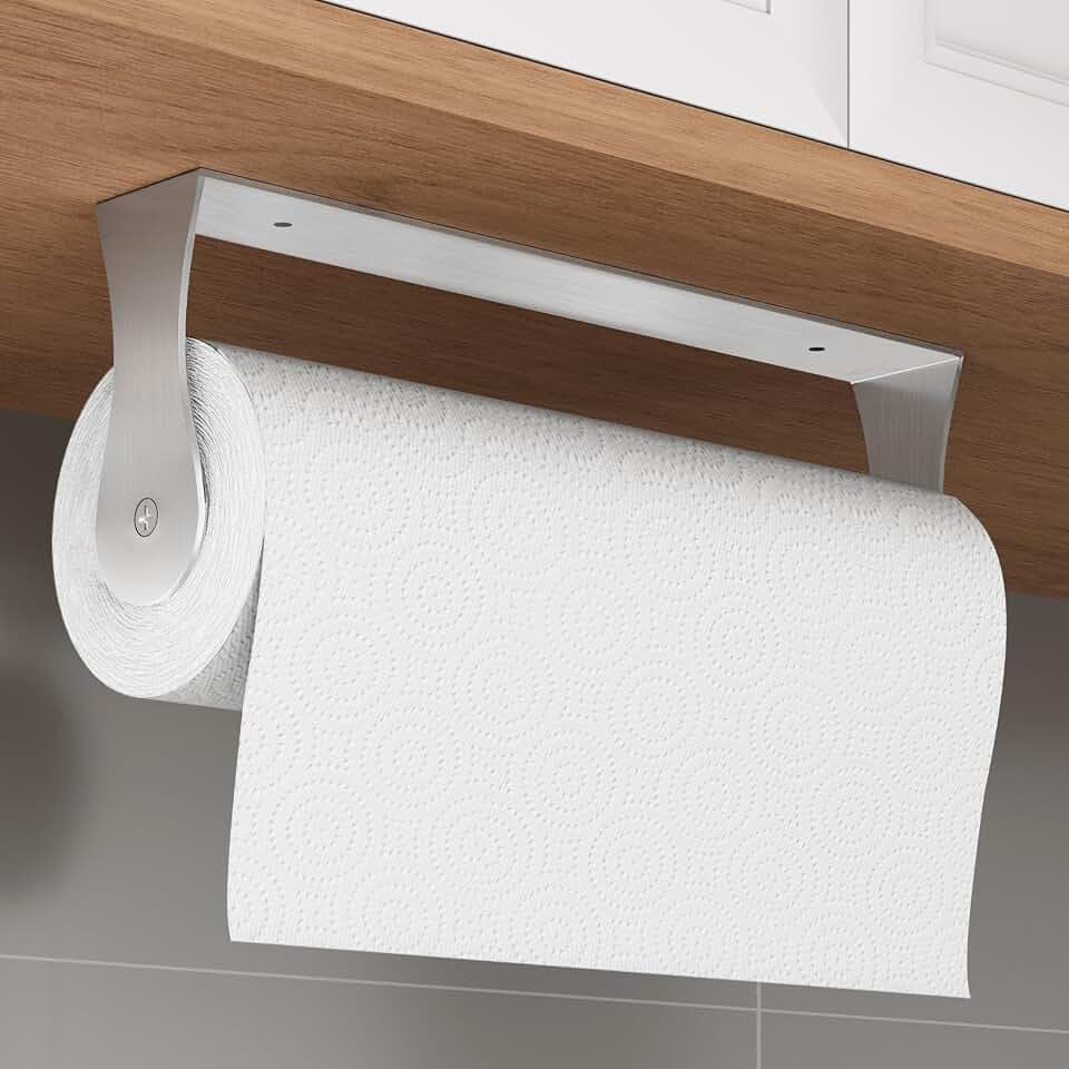 Paper Towel Holder Under Cabinet, Wall Mount, Adhesive or Drilling, Silver