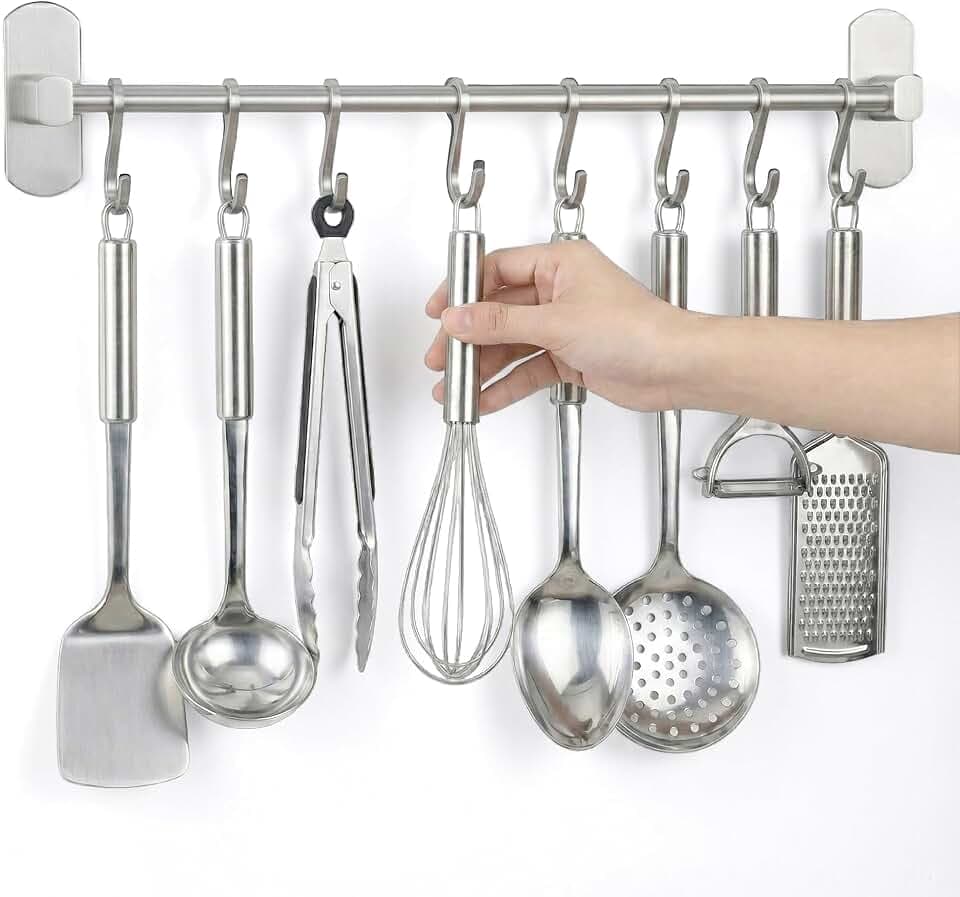 joeji's Kitchen Hakenleiste Küche - Küchenstange - Starker Selbstklebend 3M Ohne Bohren - Küchenleiste Stange für Küchenutensilien - Küchenhelfer Leiste (Silver)