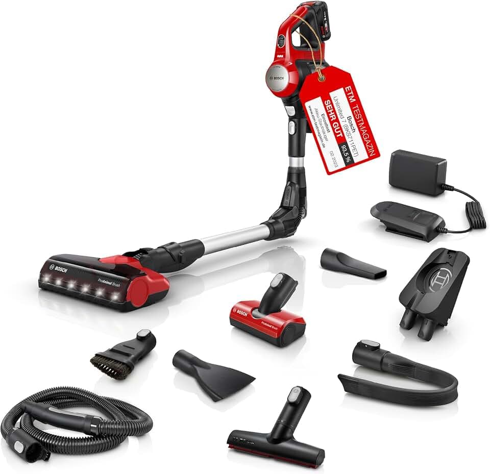 Bosch Akku-Staubsauger Unlimited 7 ProAnimal BKS711PET, kabelloser Tierhaar-Staubsauger, beutellos, Knickrohr, Hygiene-Filter, 10 Jahre Motorgarantie, XXL-Polsterdüse, LED-Beleuchtung, Turbostufe, rot