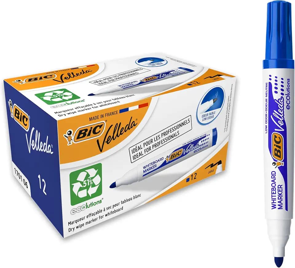 BIC 1701 Whiteboard Marker Velleda ECOlutions (Rundspitze, Strichstärke 1,4 mm) Schachtel à 12 Stück, blau