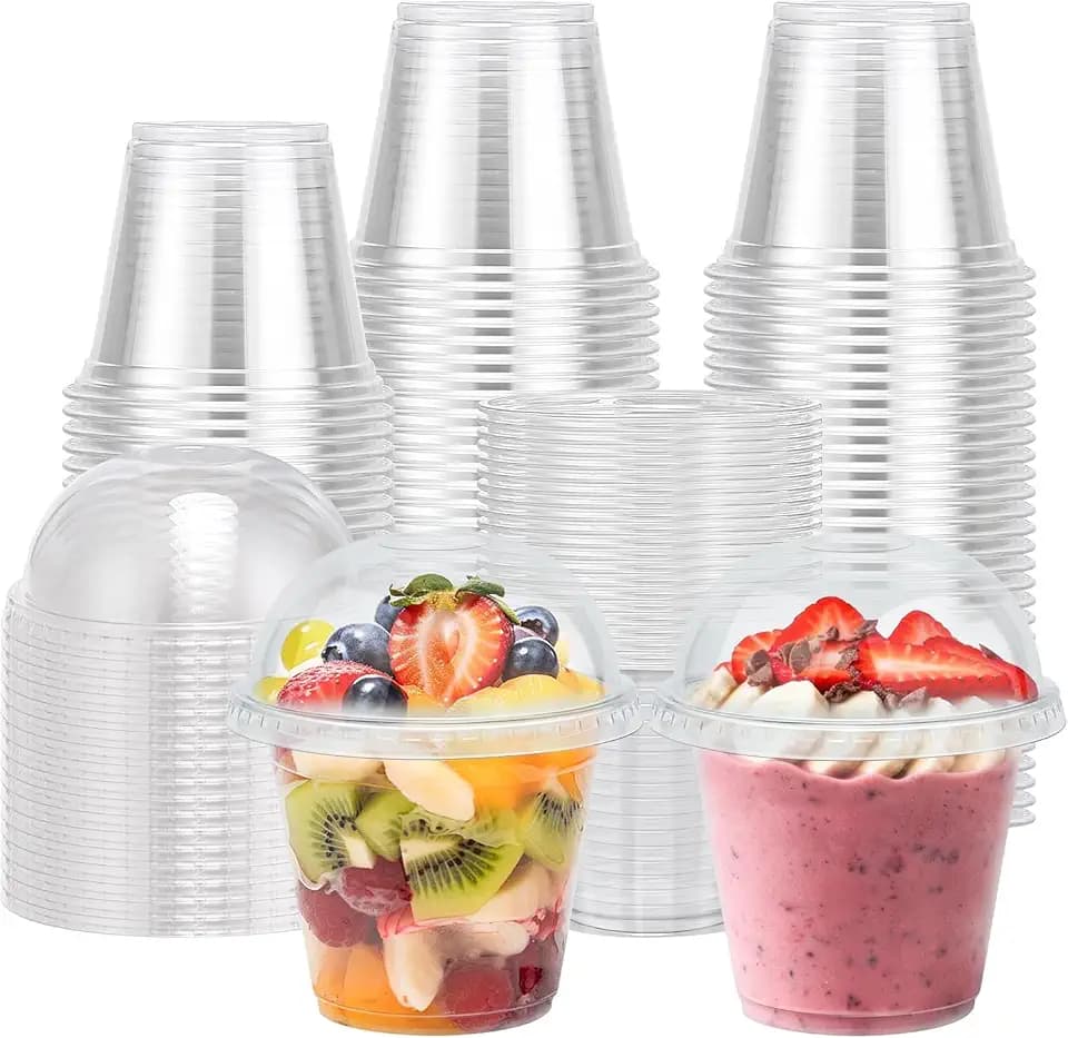 Lamosi 100 Pack 9 oz Clear Plastic Cups with Dome No Hole Lids