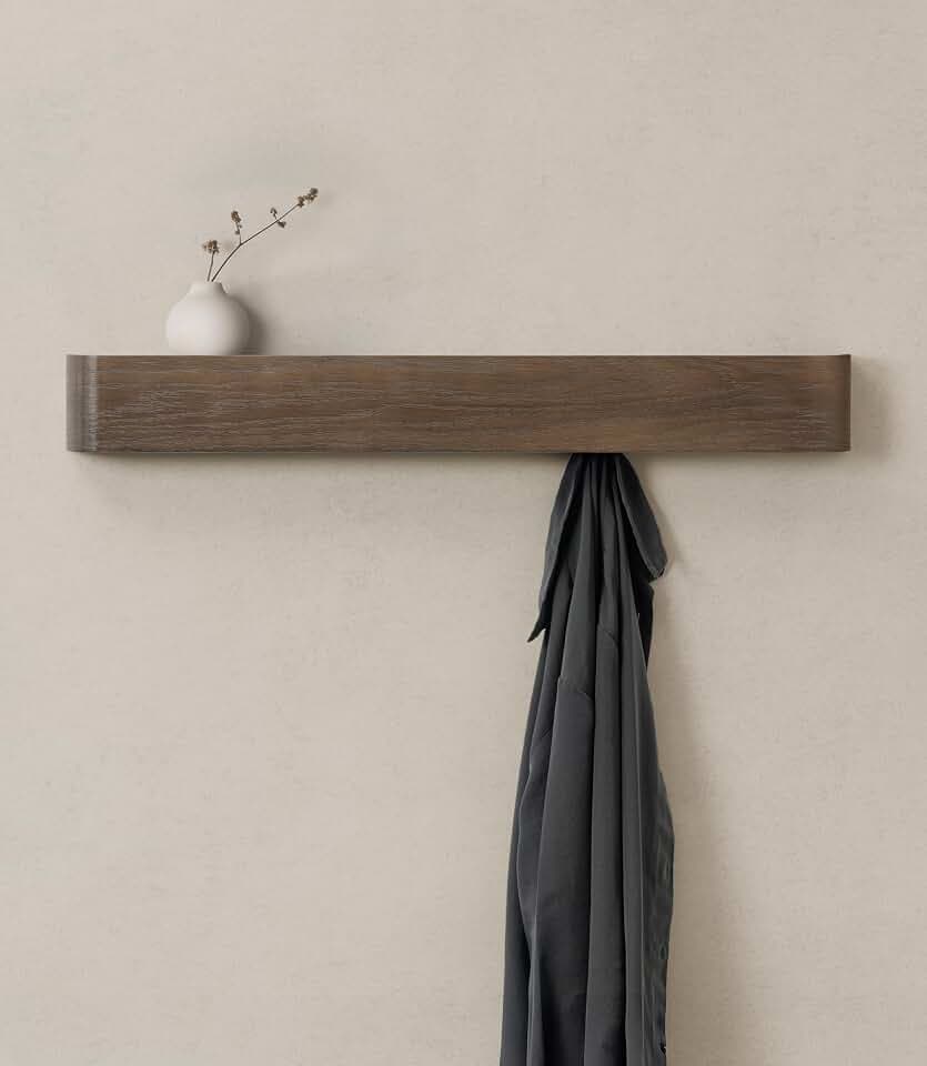 Kazai. Wandgarderobe 'Toke' | Moderne Design-Garderobe mit verdeckten Wandhaken | Garderobenpaneel aus Massivem Echtholz-Furnier | Eiche, dunkel
