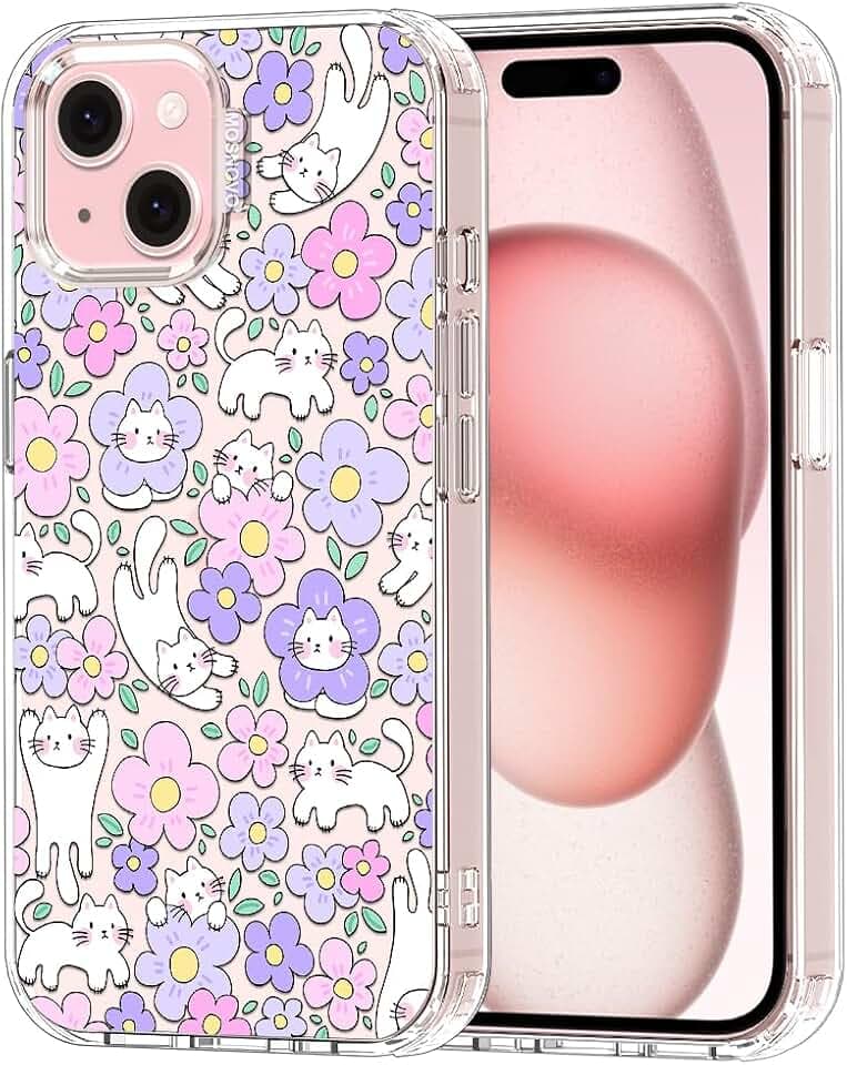 MOSNOVO for iPhone 15 Plus Case/iPhone 14 Plus Case, Shockproof Military-Grade Protection 6.6ft Drop Tested, Clear Phone Case for iPhone 15 Plus / 14 Plus, Cat in Bloom Design
