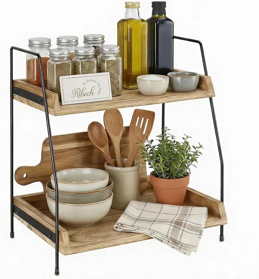 2-stufiges Organizer-Regal aus Holz & Metall | Kaffee- und Küchenregal mit Arbeitsplatte | Für Kosmetik, Bad, Home-Bar | Einfacher Aufbau, Braun