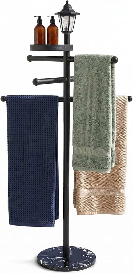 Pool Towel Rack Outdoor with Solar Light, 64" Heavy Duty Pool Towel Holder with Weighted Marble Base, 3-Tier Freestanding Outdoor Towel Rack with Storage Tray for Pool, Hot Tub, Backyard