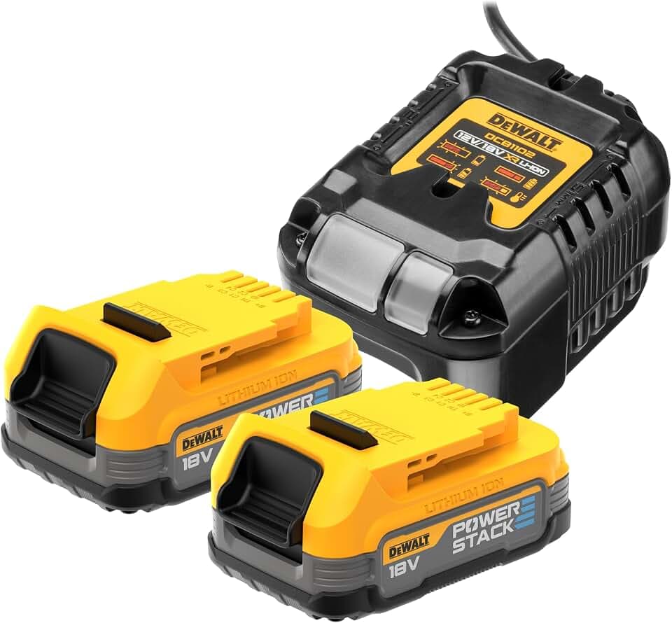 DEWALT 18 Volt Powerstack Akku-Kit DCB1102E2 (1,7 Ah, innovative Pouch-Zellen-Technologie, einsetzbar in allen 18V XR Akku-Maschinen, mit Kapazitätsanzeige über LEDs, inkl. 2 Akkus & Ladegerät)