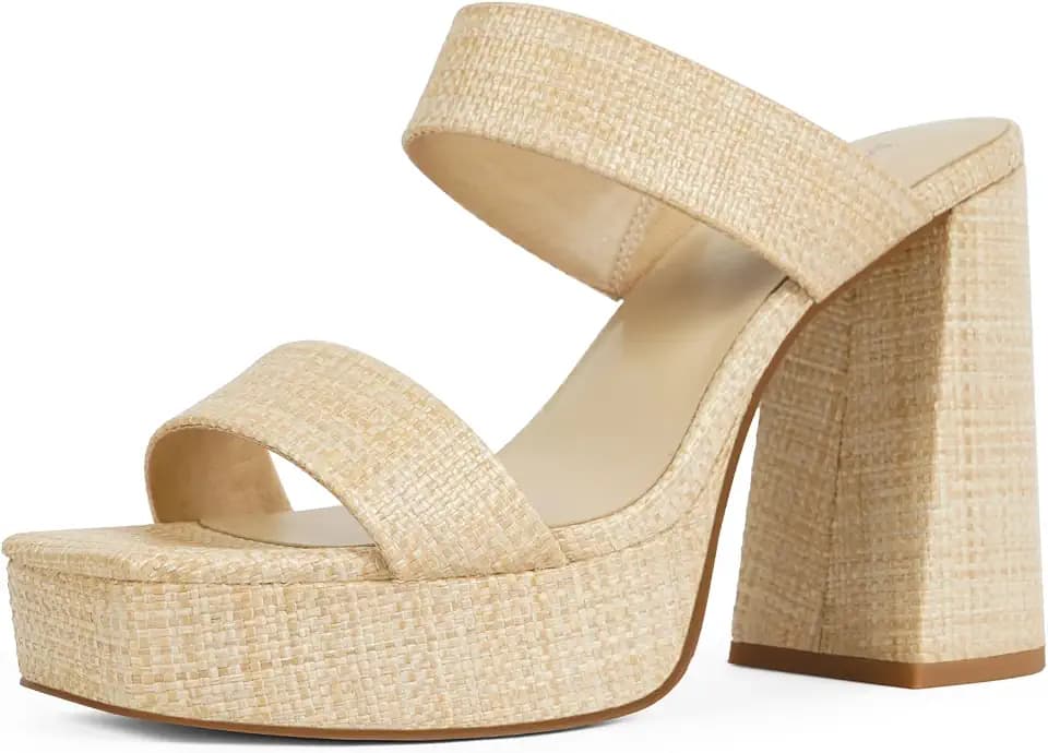 Platform Heels for Women Square Open Toe Chunky Heel Two Strap Sandals