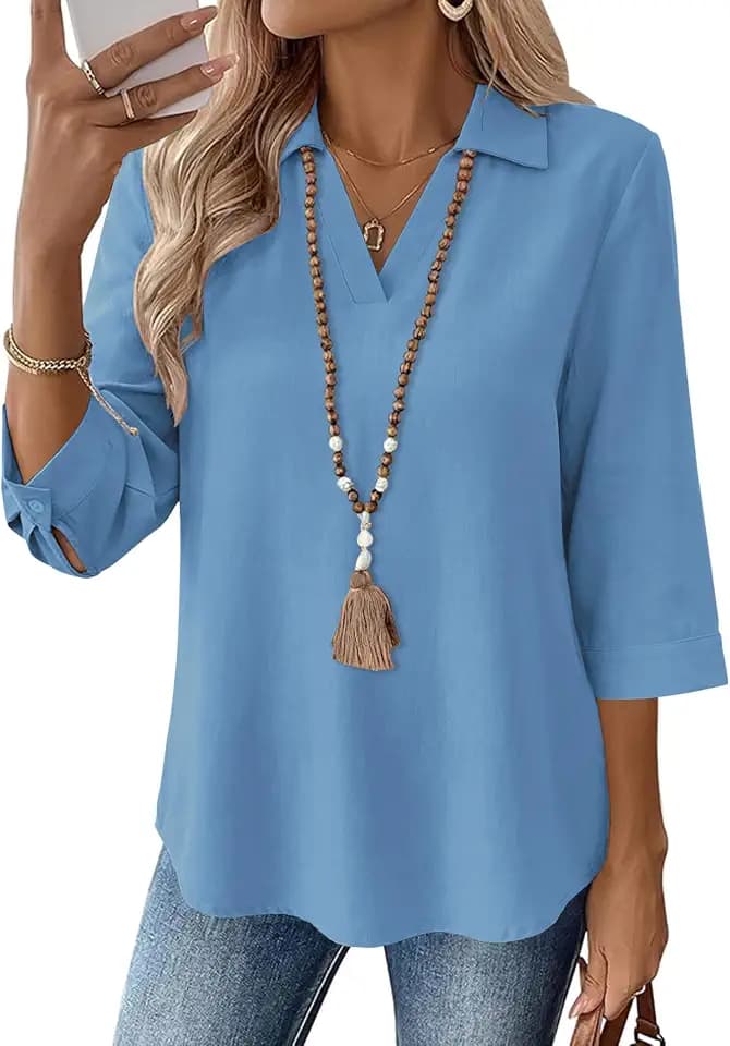 LOMON Womens 3/4 Sleeve Tops V Neck Cotton Linen Work Blouse Collared Shirts for Women Business Casual 2026
