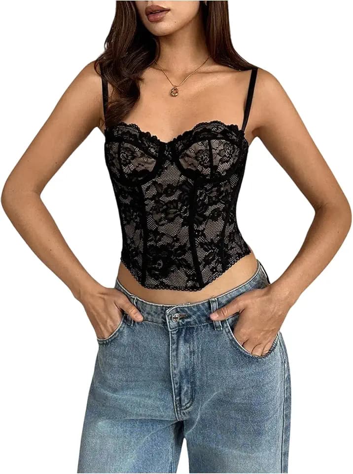 BEAUDRM Women's Y2K Lace Corset Cami Top Sexy Mesh Spaghetti Strap Party Rave Club Cropped Camisole