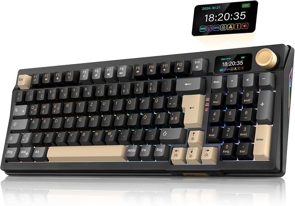 RedThunder K95 Kabellose Mechanische Gaming-Tastatur mit 1,88” Display & Knopf, QWERTZ 96 Tasten, Gasket, BT/USB-C/2,4GHz, Software, Hot-swap, Linear-Pink-Schalter, RGB, PBT-Tastenkappen, 8000mAh.