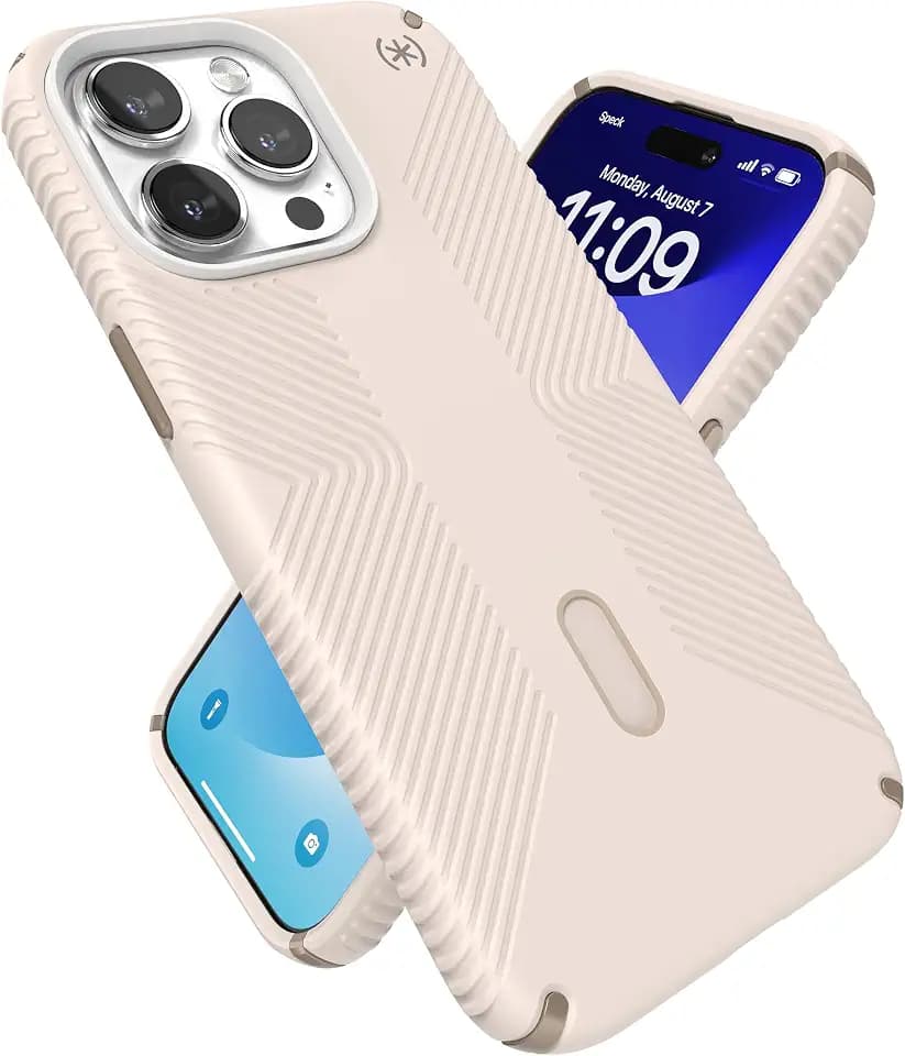 Speck iPhone 15 Pro Max Case - ClickLock No-Slip Interlock, Built for MagSafe, Drop Protection Grip - Soft Touch 6.7 Inch Phone Case - Presidio2 Grip Bleached Bone/Heirloom Gold/Hazel Brown