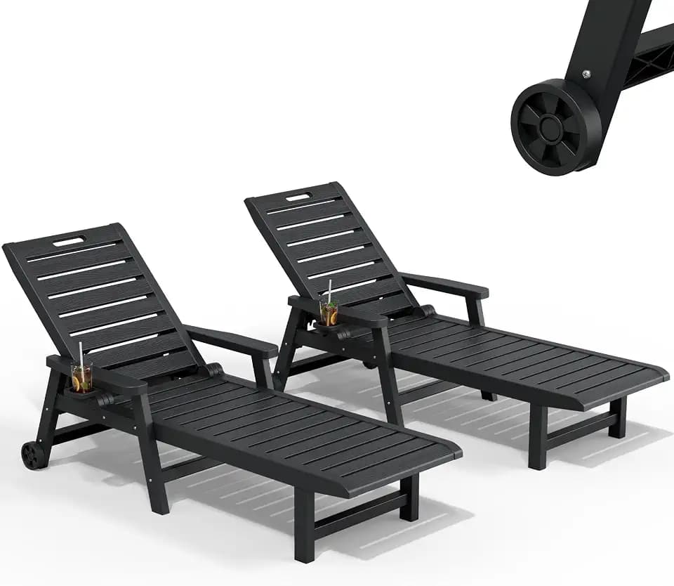 NUNU LAB Outdoor Chaise Lounge Chairs Set, Black with Wheels, 2pcs