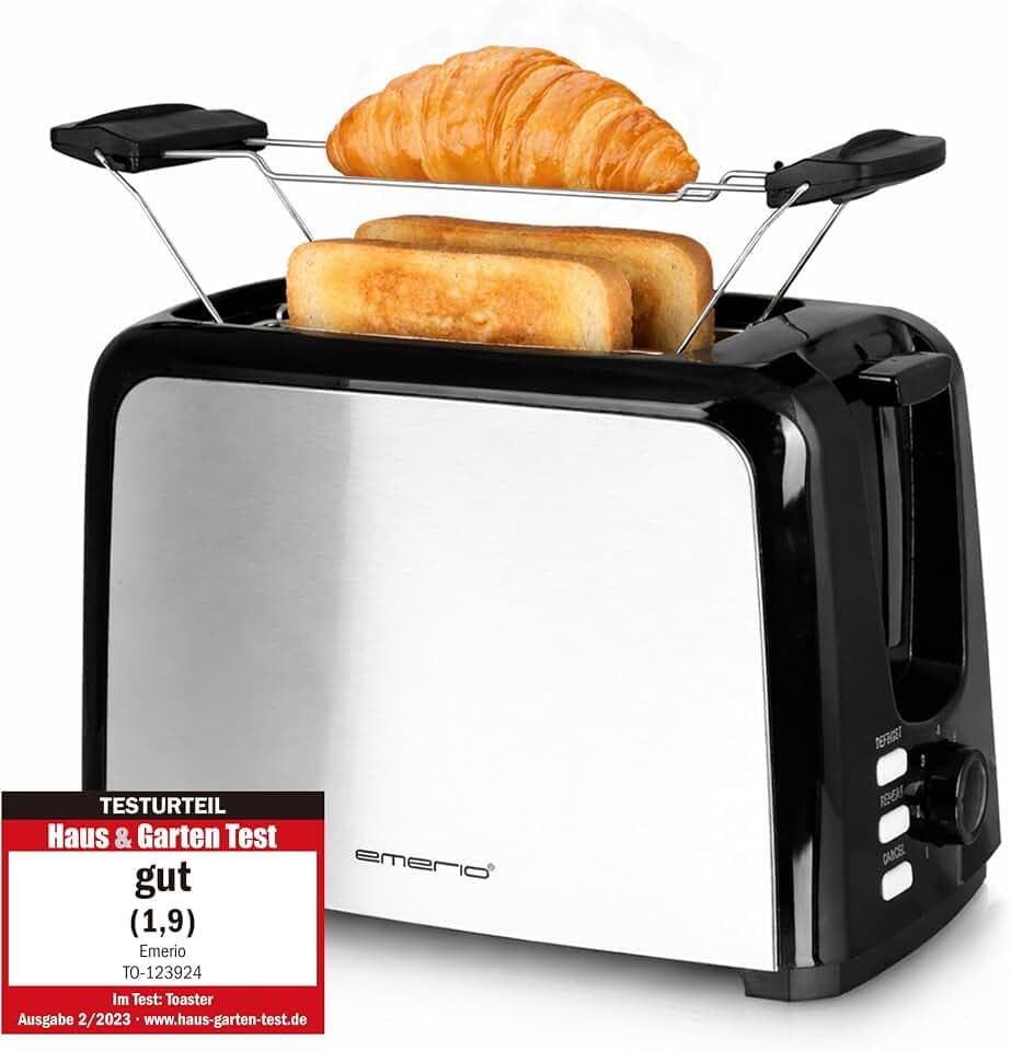 Emerio Toaster 2 extra Breiten Toastschlitzen Zentrierfunktion,herausnehmbare Krümelschublade,Abbruch/Auftauen/Wiedererwärmen,7 einstellbare Bräunungsstufen,Brötchenaufsatz,750W,TO-123924,Schwarz