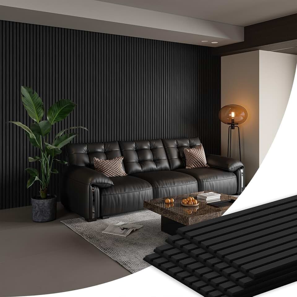 SMARTSTANDARD 4 Pack 105.9" x 12.6" Wood Slat Wall Panels, Matte Black