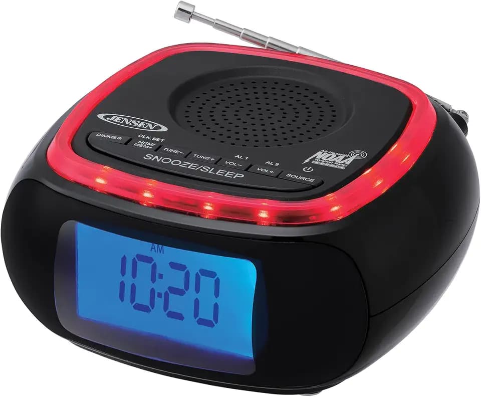 Jensen JEP-725 Digital AM/FM Weather Band Alarm Clock Radio with NOAA Weather Alert and Top Mounted Red LED Alert Indicator Ring