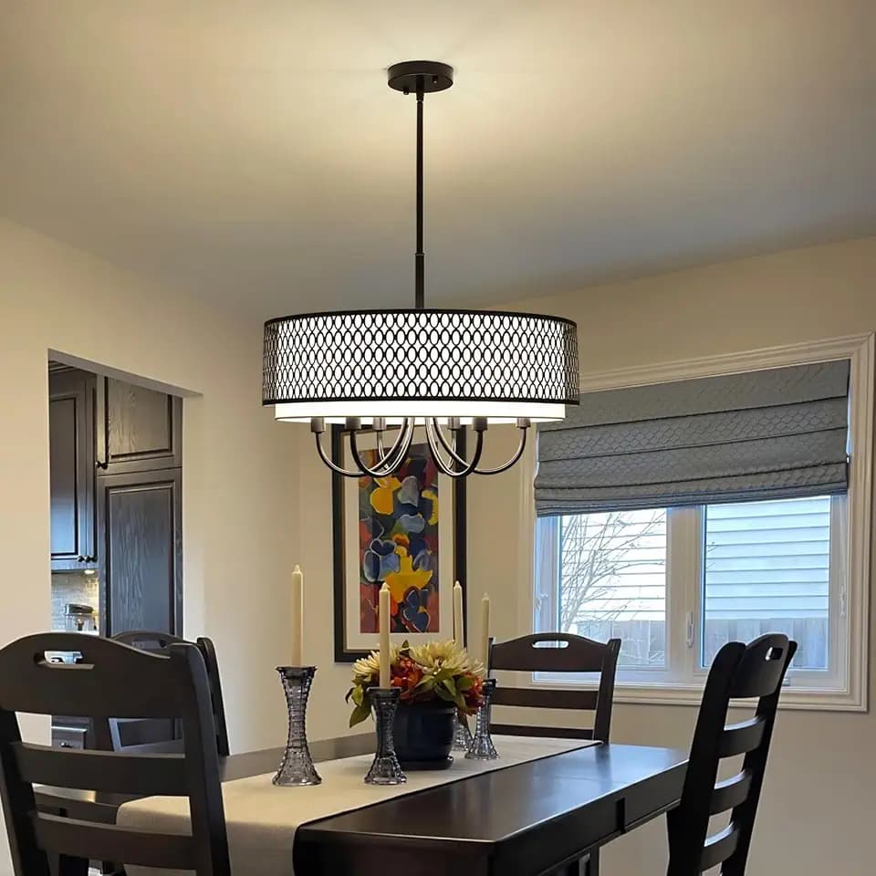 21.65" 6 Lights Large Black Chandelier with Drum White Shades