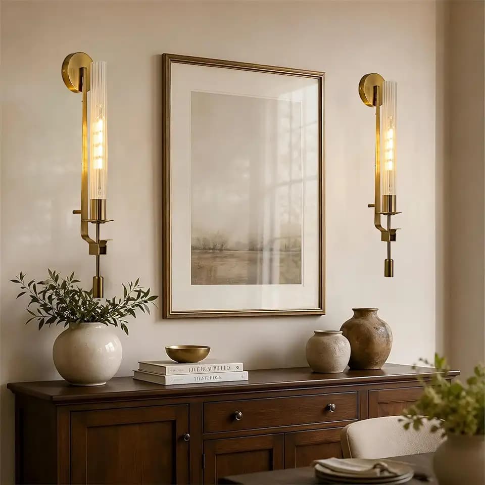 LIGHTLAND Gold Wall Sconces Set of 2, 28 Inch Modern Metal Glass Wall Light Fixture, Wall Lamp for Living Room Bedroom Hallway