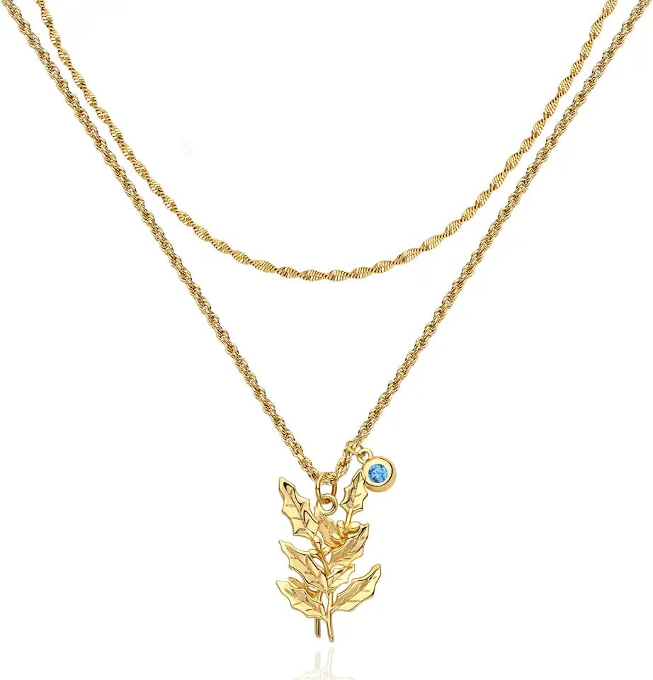 MTMY Birth Flower Necklaces for Women 18K Gold Plated Dainty Layered Birth Month Flower with Birthstone Pendant Necklaces Personalized Custom Floral Jewelry