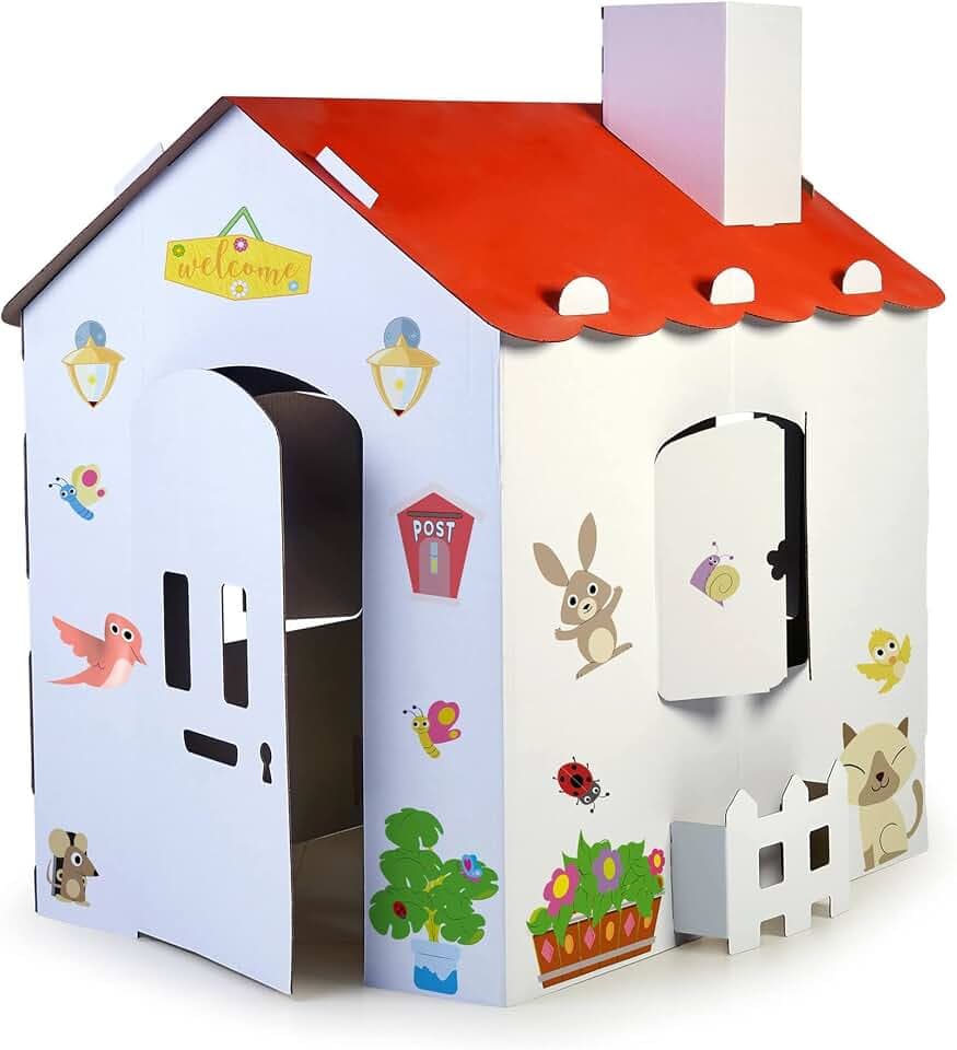 FEBER - Carton House, großes Spielhaus aus Karton für Kinder, zum Bemalen, Ausmalen und Spielen, mit lustigen Aufklebern, Ökohaus, für Jungen und Mädchen ab 3 Jahren, Famosa (FEB06000)