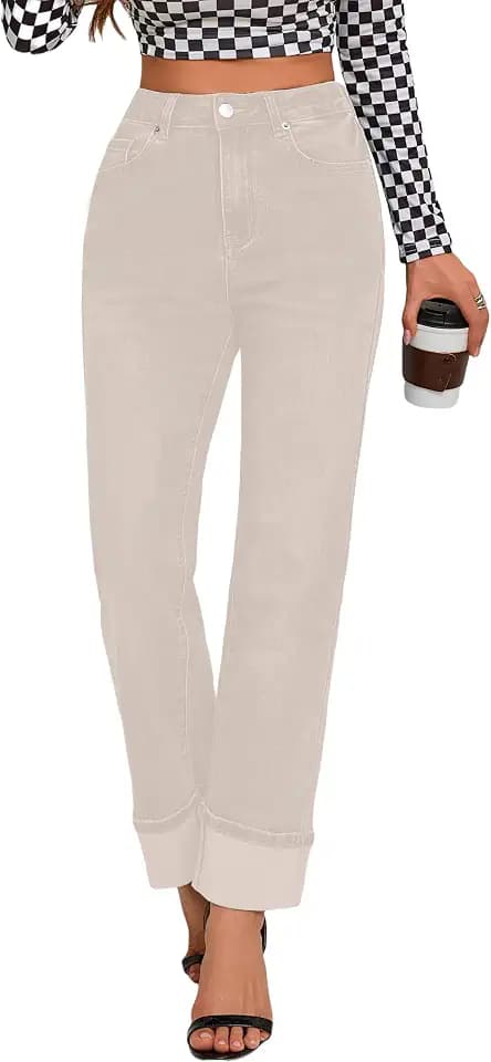 ETTELO Womens Jeans High Waisted Stretchy Straight Leg Jeans for Women Tummy Control Trendy Cute Ankle Fold Hem Jeans Pants