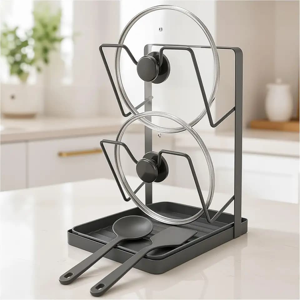 Pot Lid Holder, 2-Tier Countertop Rack with Grooved Drip Tray