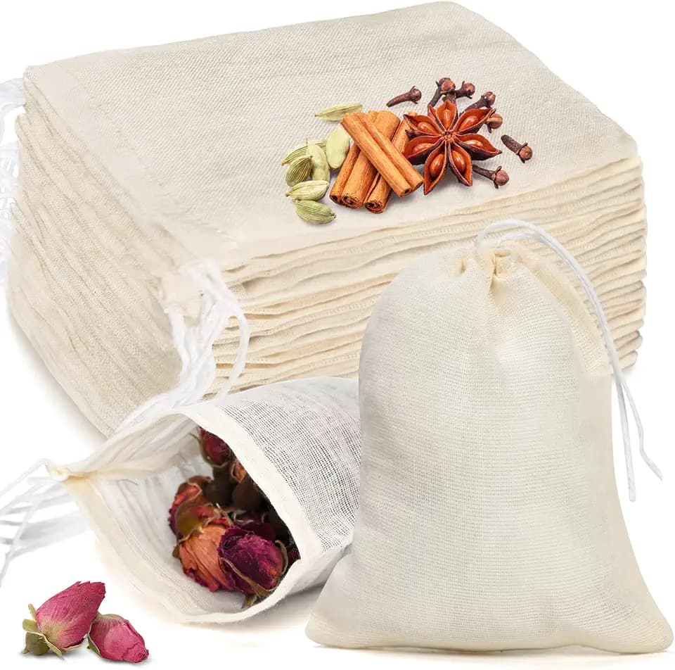 20 Pcs Muslin Bags with Drawstring, Reusable Tea Bags, Spice Bags for Cooking Soup/Herb/Loose Leaf Tea, Natural Cotton Small Cheese Cloth Bag for Straining, Sachet Bags Empty, 6 x 4 Inches