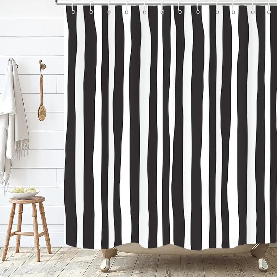Black and White Shower Curtain, Striped Boho Minimalist Modern Waterproof Fabric Machine Washable for Bathroom Bathtub with Hooks 72x72
