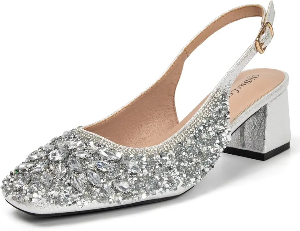 Sparkly Sling Back Heels for Women Low Heel Rhinestone Pumps